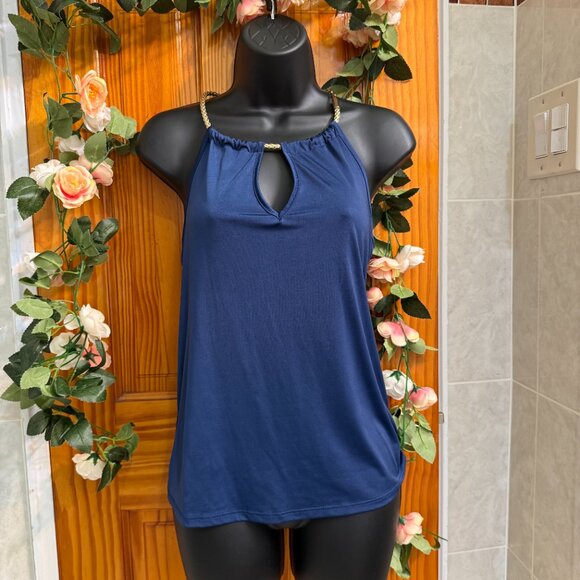 Navy Halter Tank Top w/ Gold Chain Straps - Picture 7 of 7